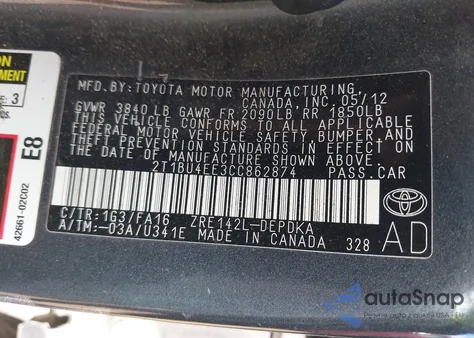 2012 Toyota Corolla L из США, поврежденный, VIN 2T1BU4EE3CC862874